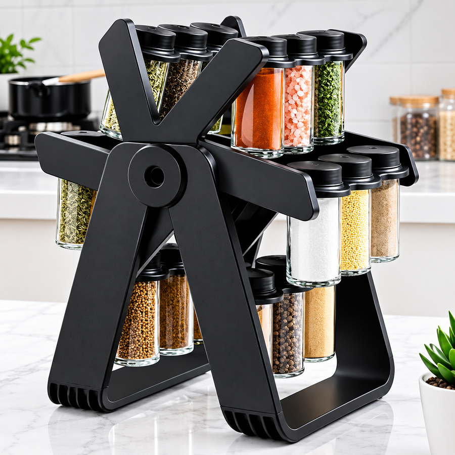 18-Jar Rotating Spice Rack – 360° Rotating Kitchen Spice Organizer with Glass Jars