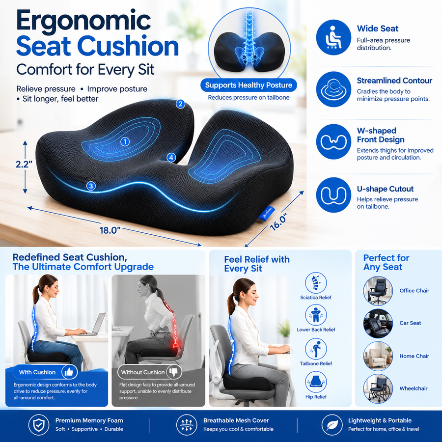 Ergonomic Seat Cushion – Memory Foam Office Chair Cushion for Comfort & Posture Support