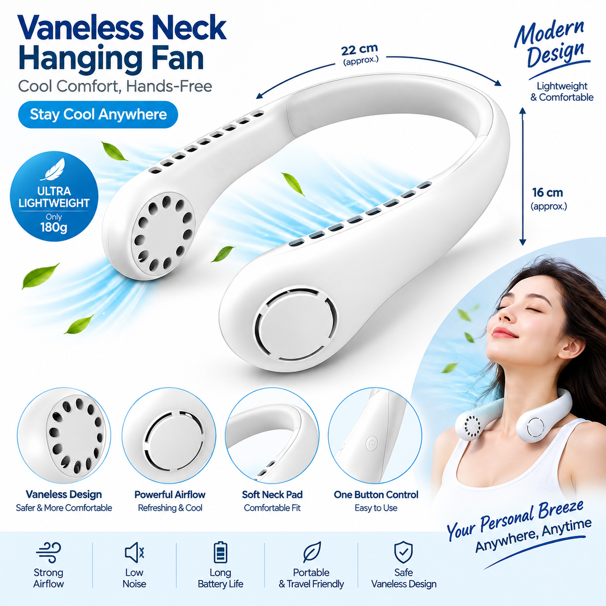 Portable Vaneless Neck Fan – Hands-Free Cooling